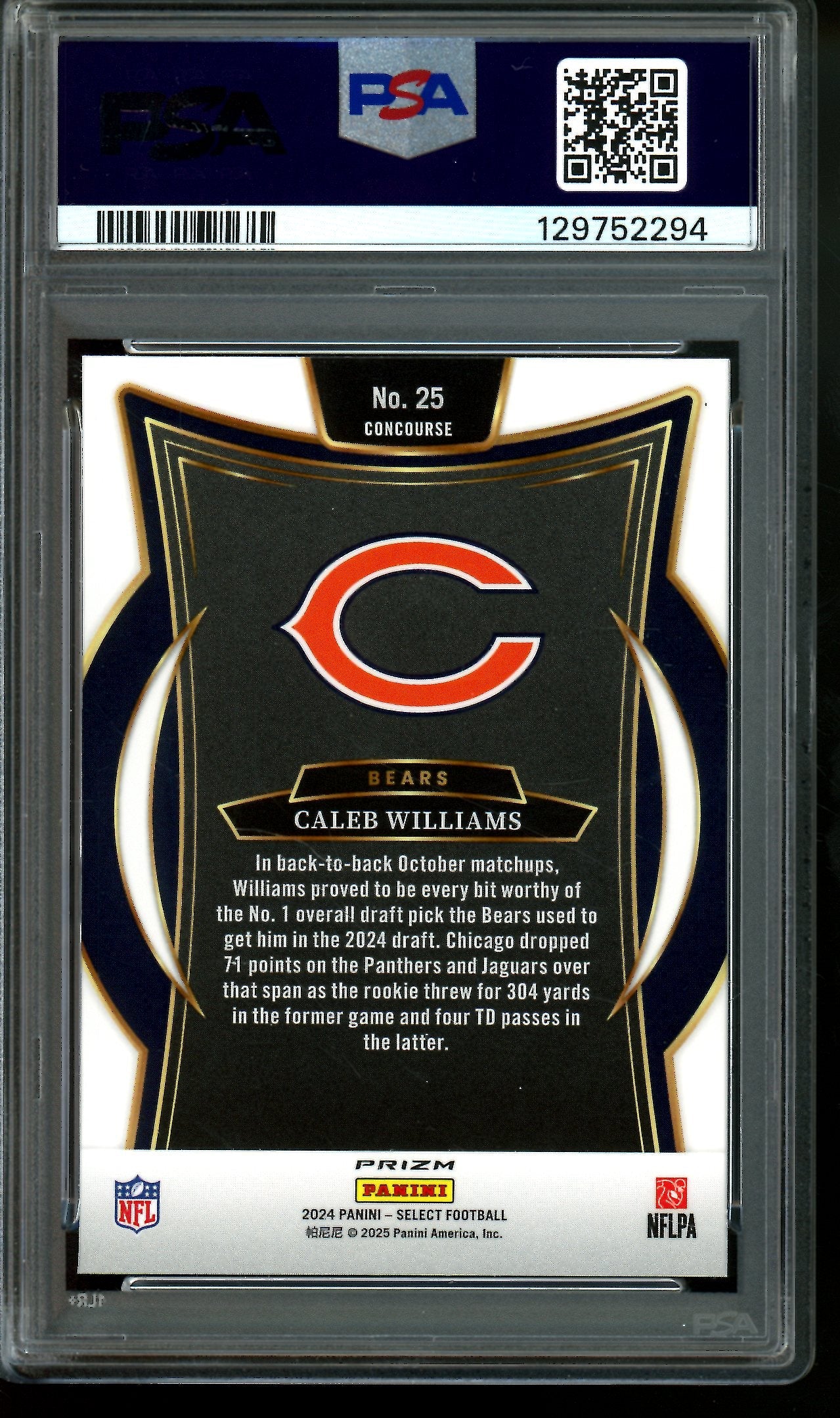 2024 Panini Select Caleb Williams Black and Green Shock Rookie PSA 10 Bears