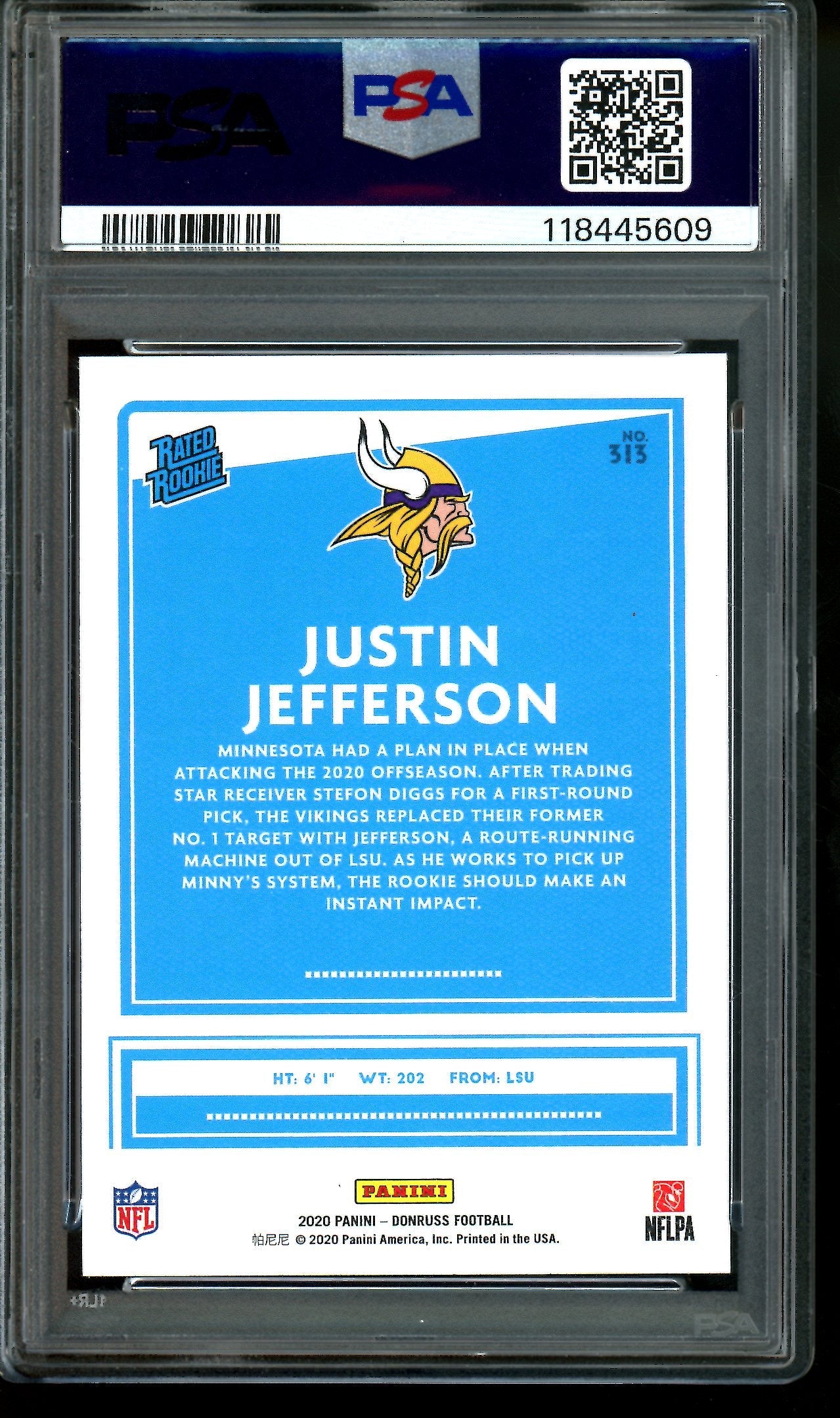 2020 Panini Donruss Justin Jefferson Rated Rookie Canvas PSA 9 Vikings