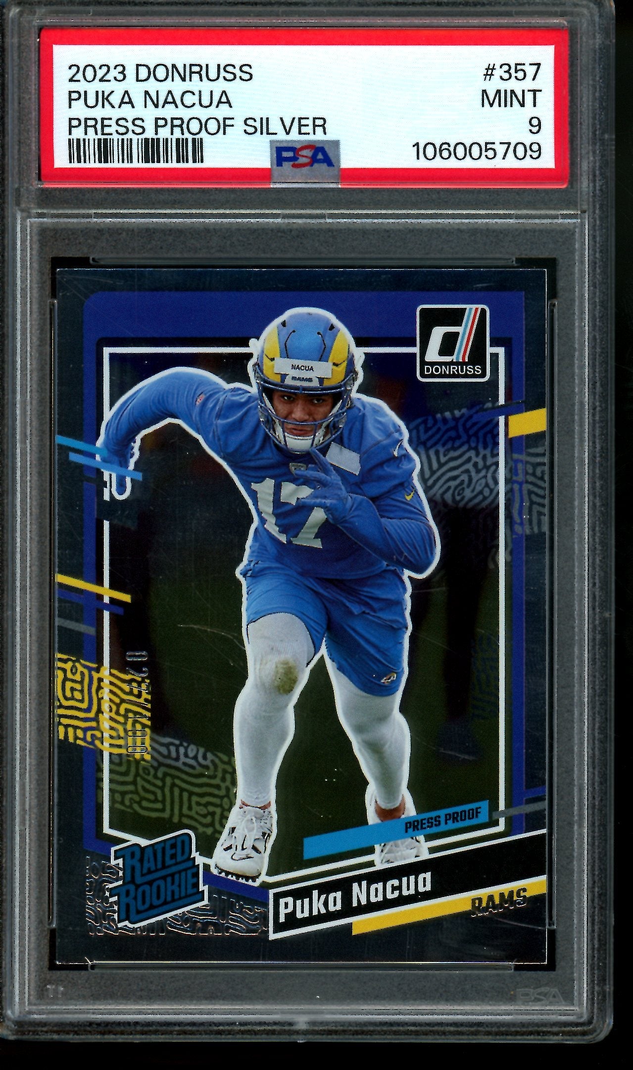 2023 Panini Donruss Puka Nacua Press Proof Silver Rated Rookie /100 PSA 9 Rams
