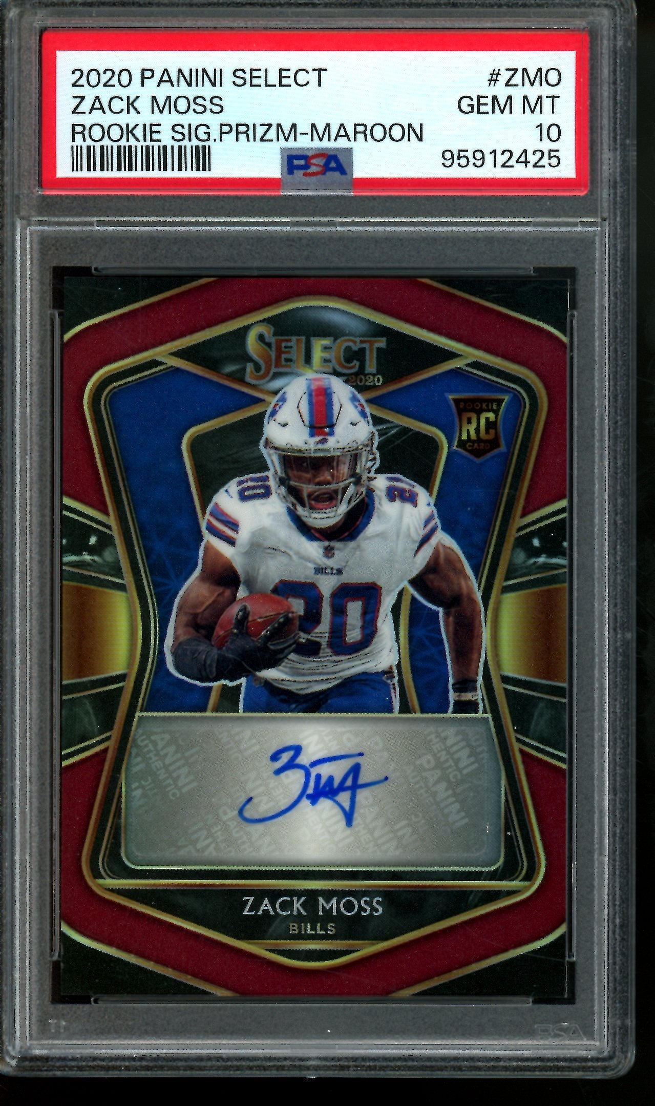 2020 Panini Select Zack Moss Rookie Signature Maroon /60 PSA 10 Bills