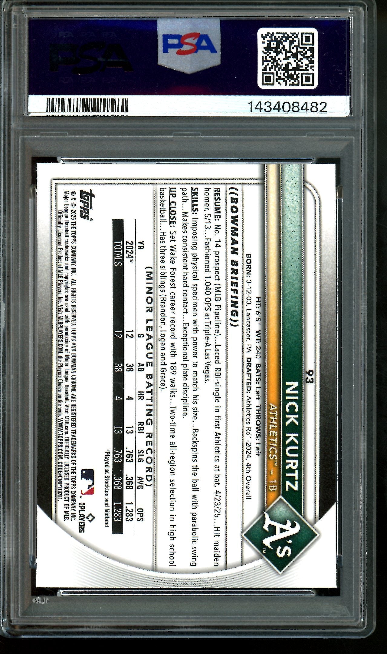 2025 Topps Chrome Nick Kurtz Red Rookie Redemption PSA 10 Athletics