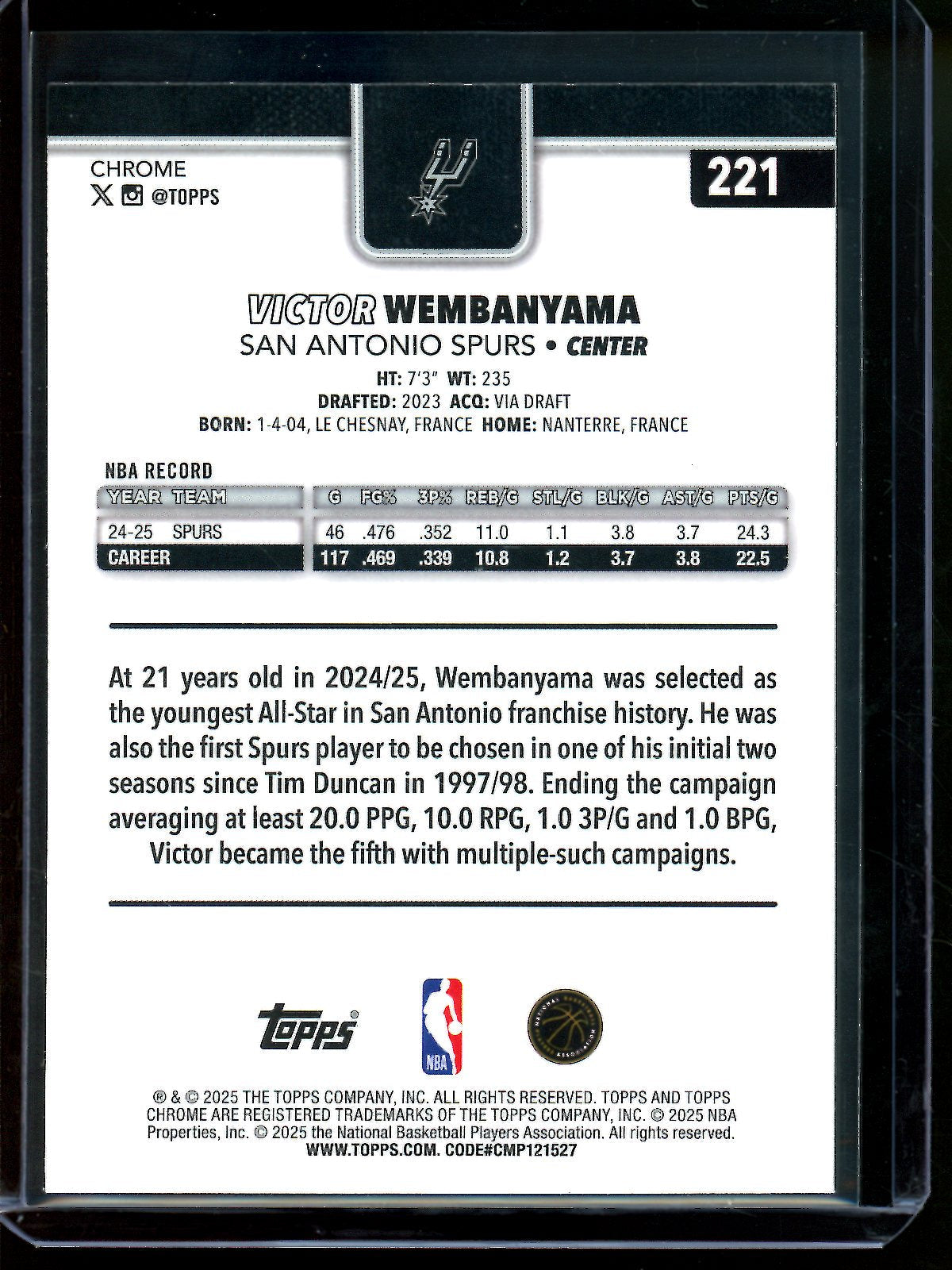 2025 Topps Chrome Victor Wembanyama X-Fractor Spurs