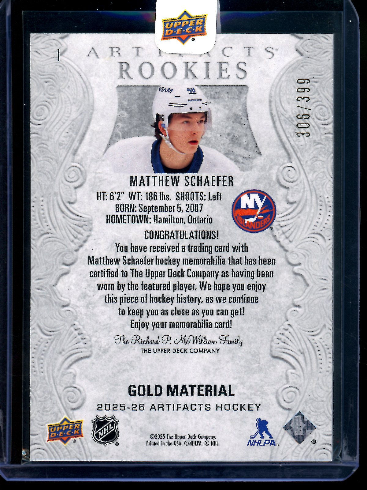 2025 Upper Deck Artifacts Matthew Schaefer Gold Material Rookie Patch /399 Sealed Islanders