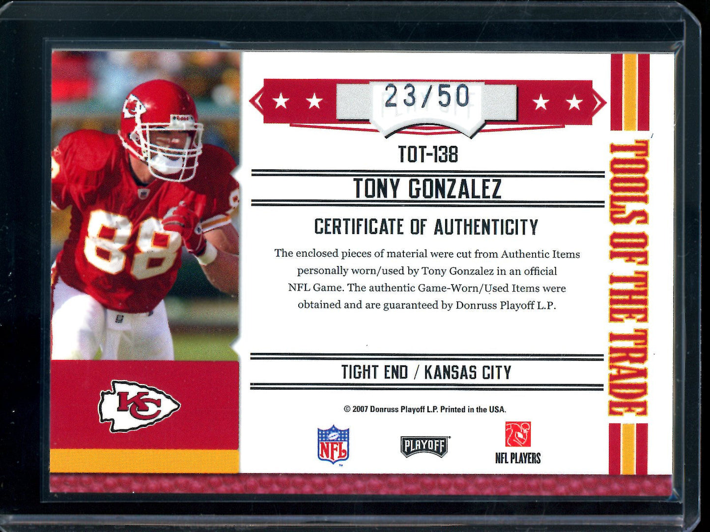 2007 Panini Absolute Tony Gonzalez Tools of the Trade Relic Jumbo /50 Chiefs