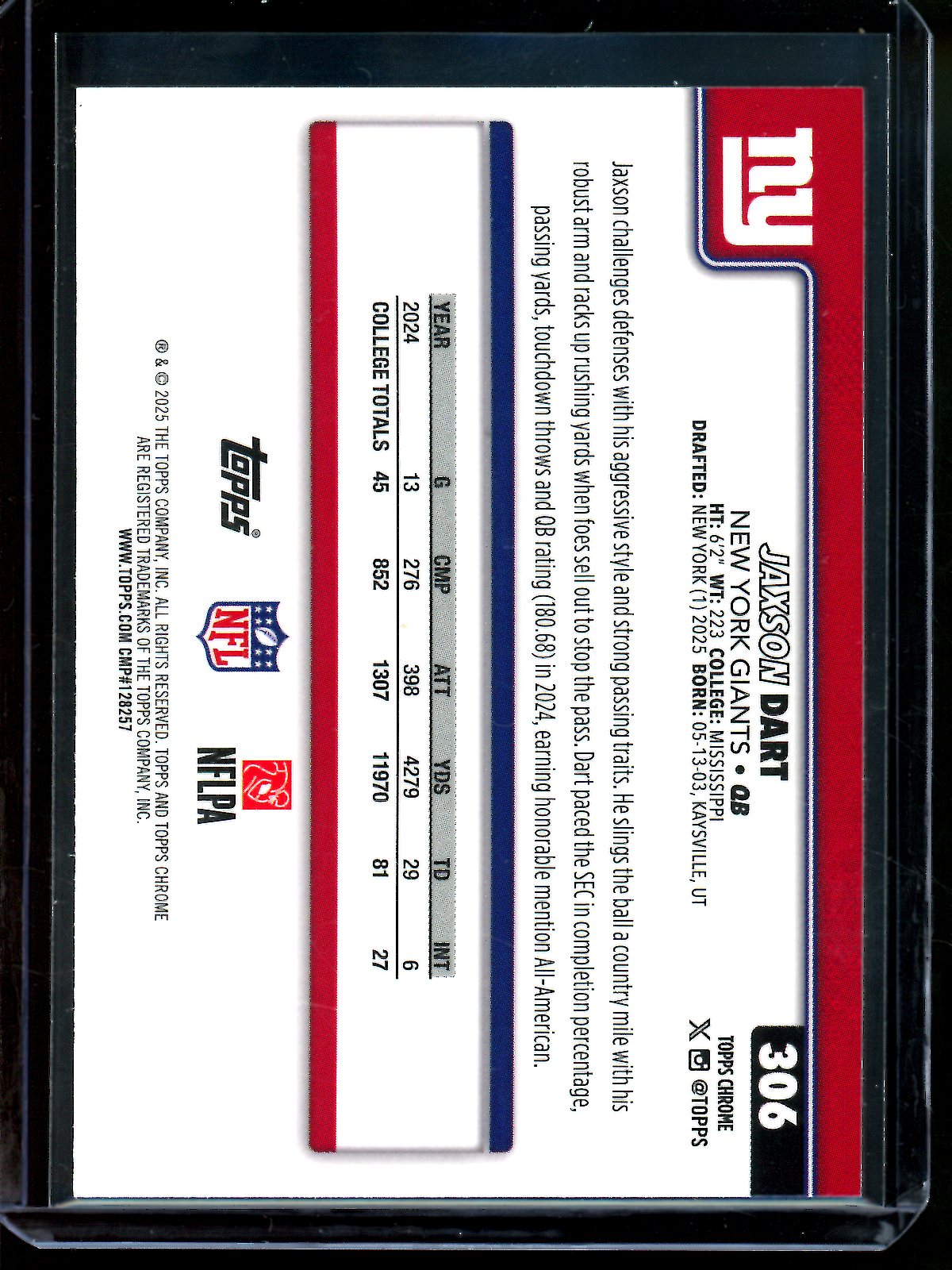 2025 Topps Chrome Jaxson Dart Red White Blue Rookie Refractor Giants