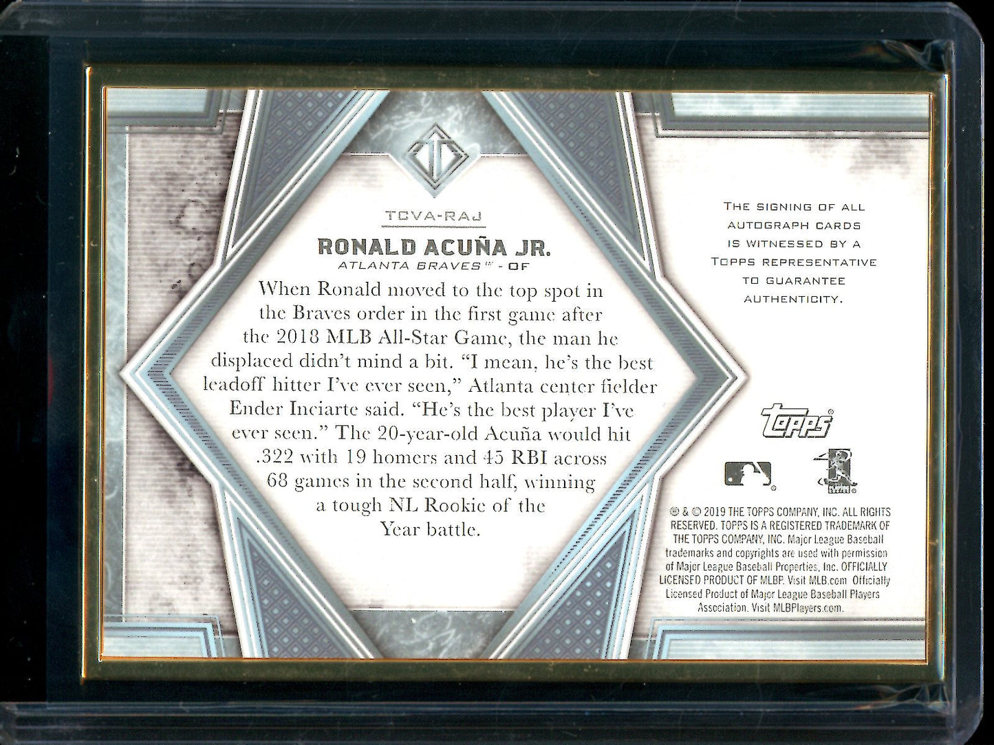 2019 Topps Transcendent Ronald Acuna Jr Gold Frame Autograph /25 Braves