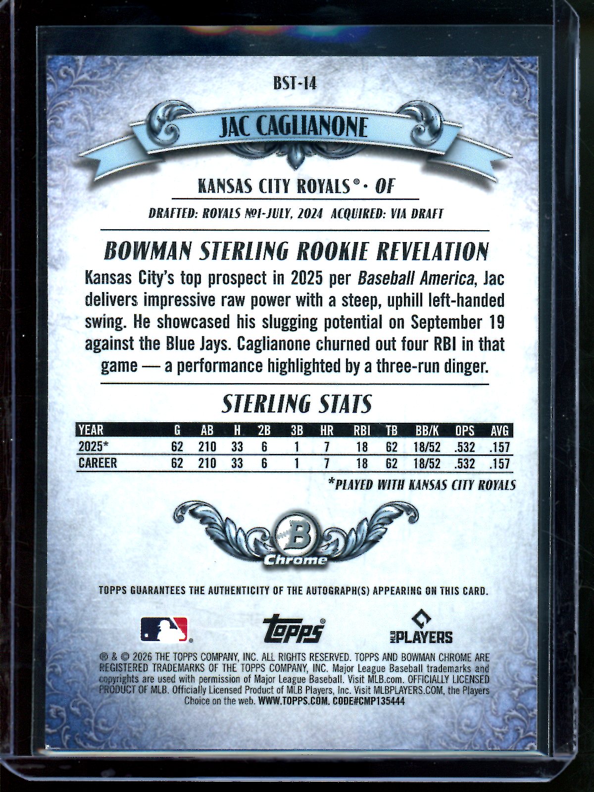2026 Topps Bowman Chrome Jac Caglianone Sterling Autograph Refractor /150 Royals