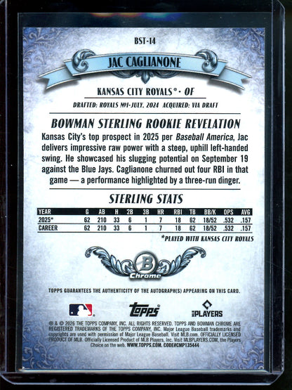 2026 Topps Bowman Chrome Jac Caglianone Sterling Autograph Refractor /150 Royals