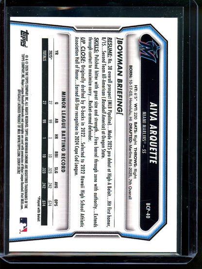 2026 Bowman Chrome Aiva Arquette Bowman Refractor 1st SP /35 Marlins