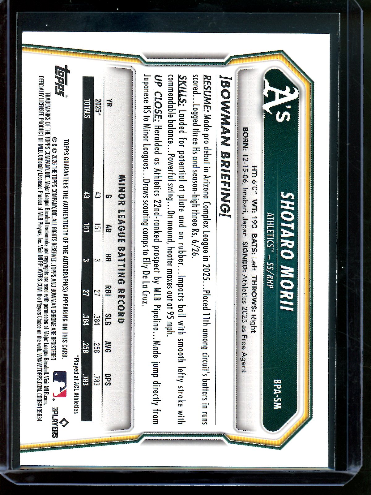 2026 Bowman Shotaro Morii Paper Autograph Athletics