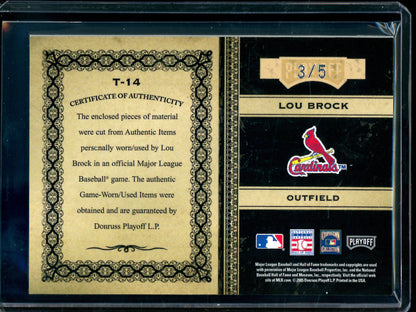 2005 Panini Prime Cuts Lou Brock Timeline HOF Inductee Triple Relic /5 Cardinals