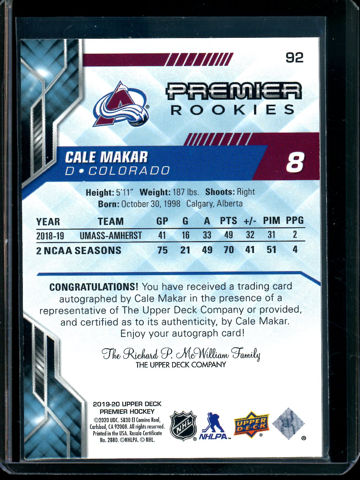 2019 Upper Deck Premier Cale Makar Rookie Autograph #92 Avalanche