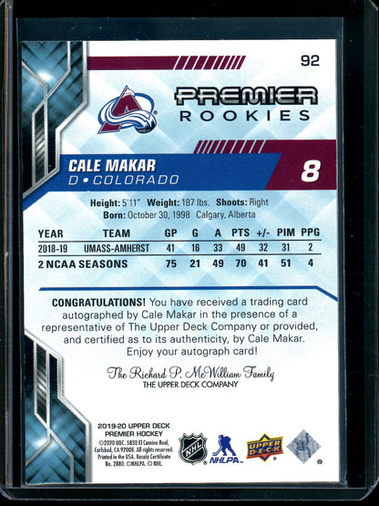2019 Upper Deck Premier Cale Makar Rookie Autograph #92 Avalanche