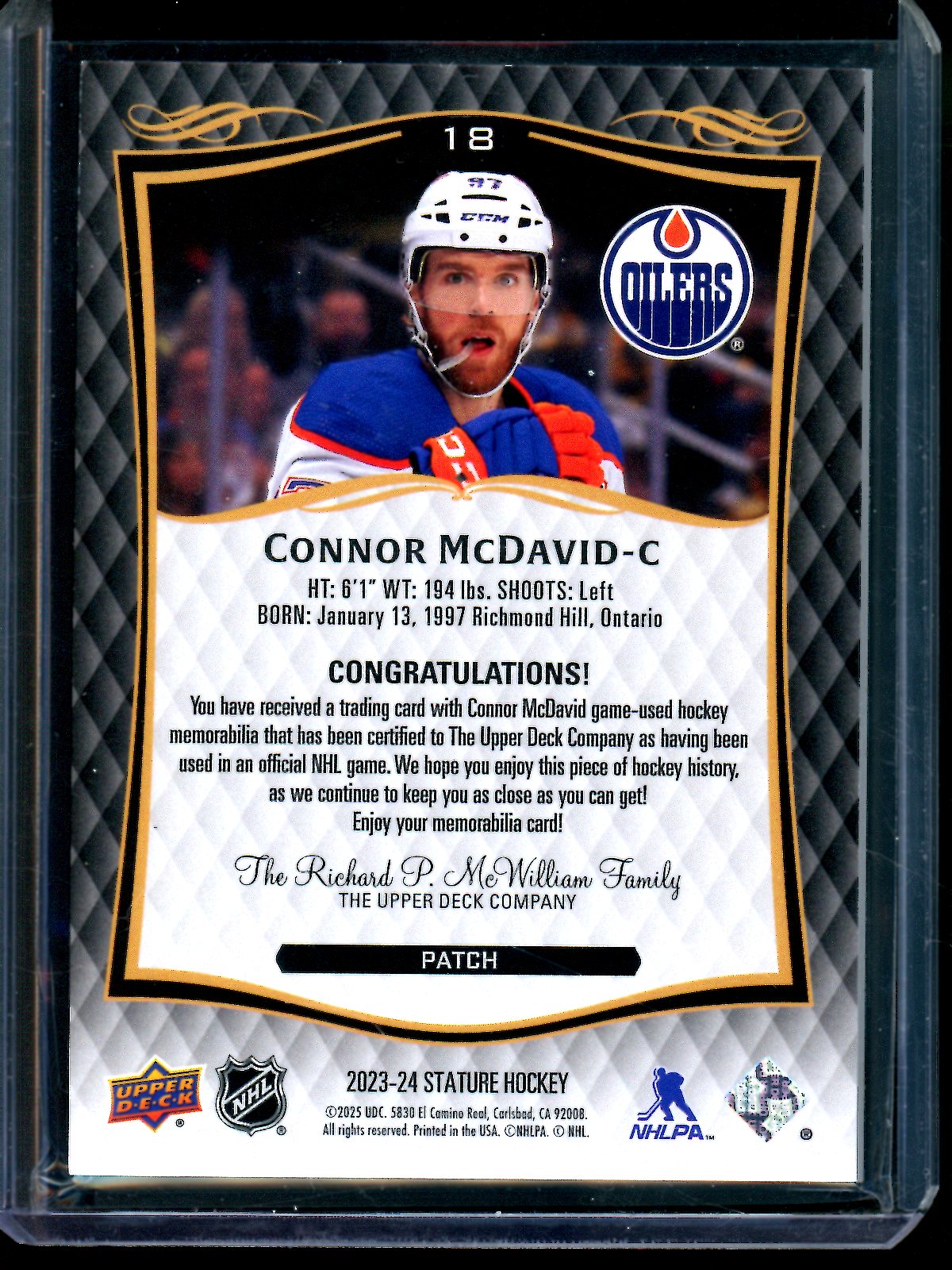 2025 Upper Deck Stature Connor McDavid Patch /49 #18 Oilers