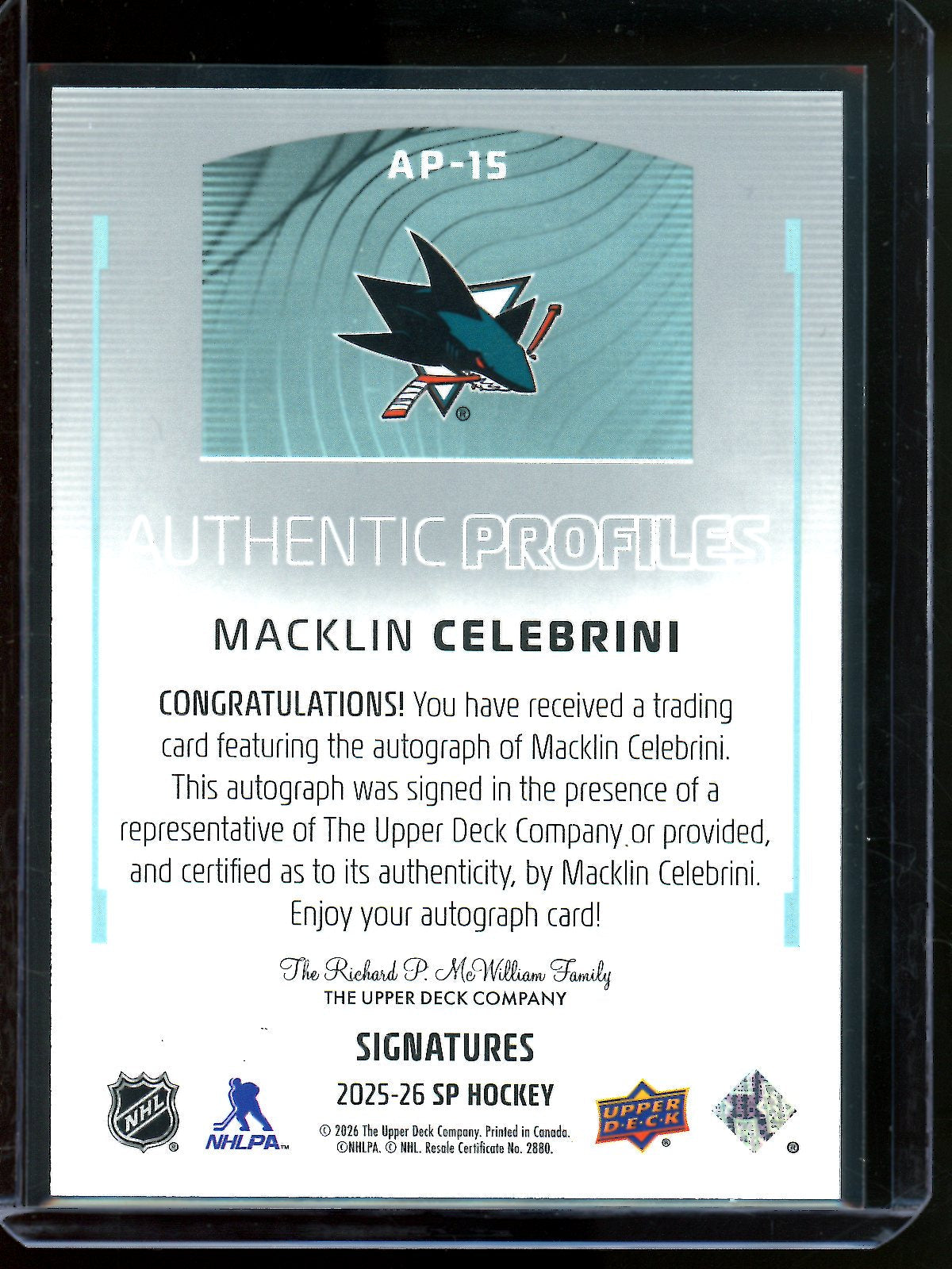 2026 Upper Deck SP Macklin Celebrini Authentic Profiles Autograph #AP-15 Sharks