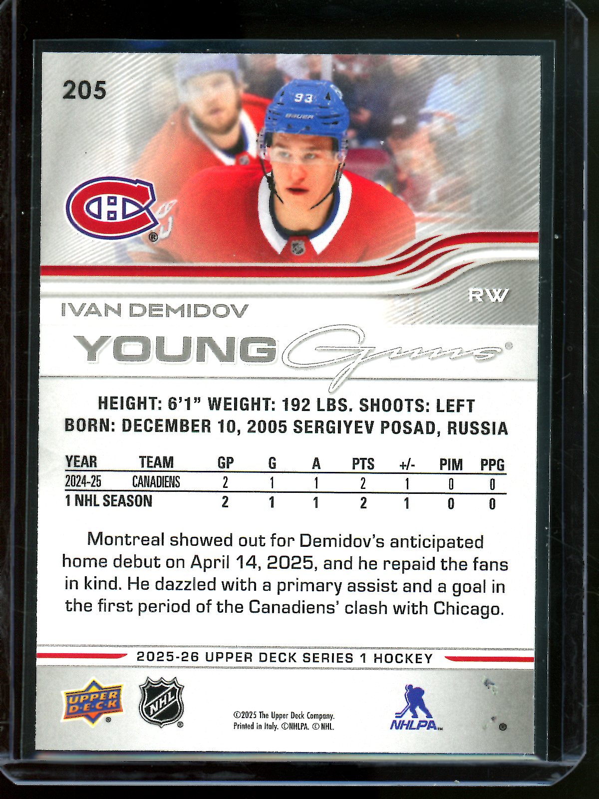 2025 Upper Deck Series 1 Ivan Demidov Young Guns Rookie #205 Canadiens