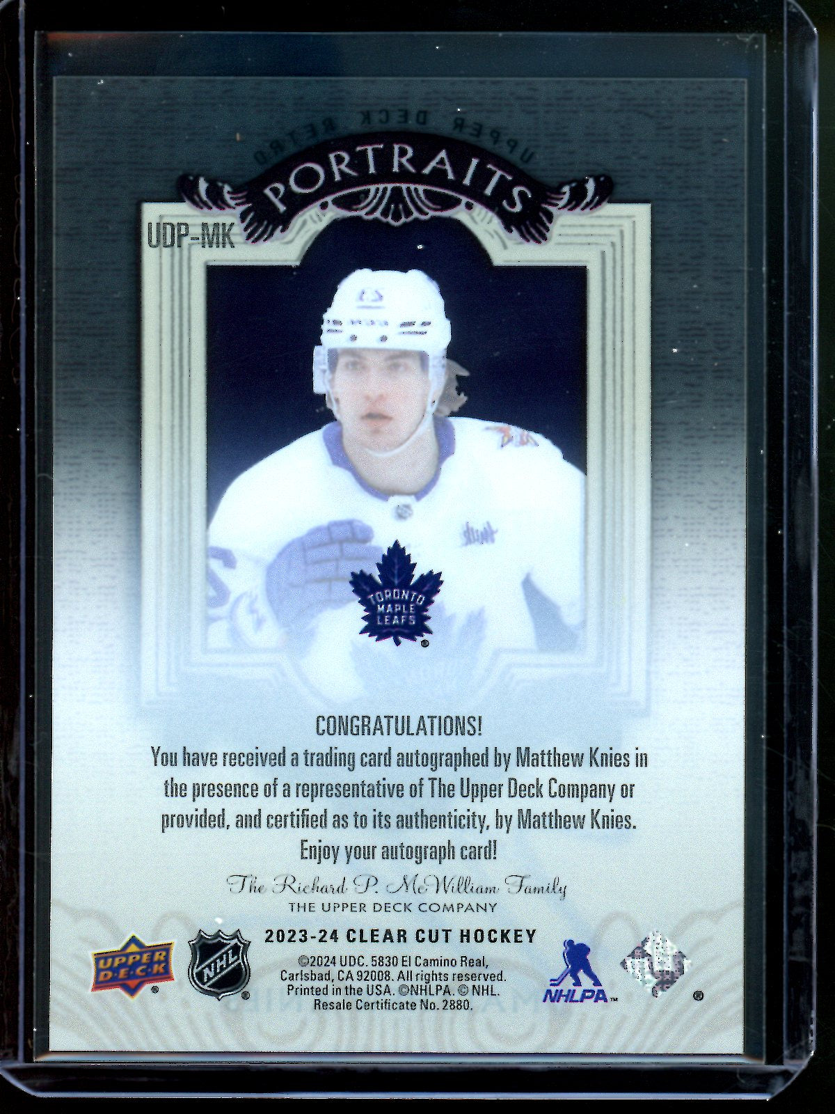 2024 Upper Deck Clear Cut Matthew Knies Portraits Retro Autograph #UDP-MK Maple Leafs