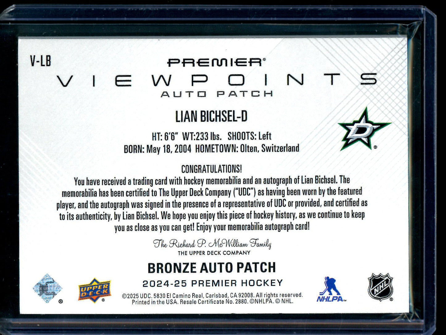2025 Upper Deck Premier Lian Bichsel Bronze Autograph Patch Viewpoints /99 Stars