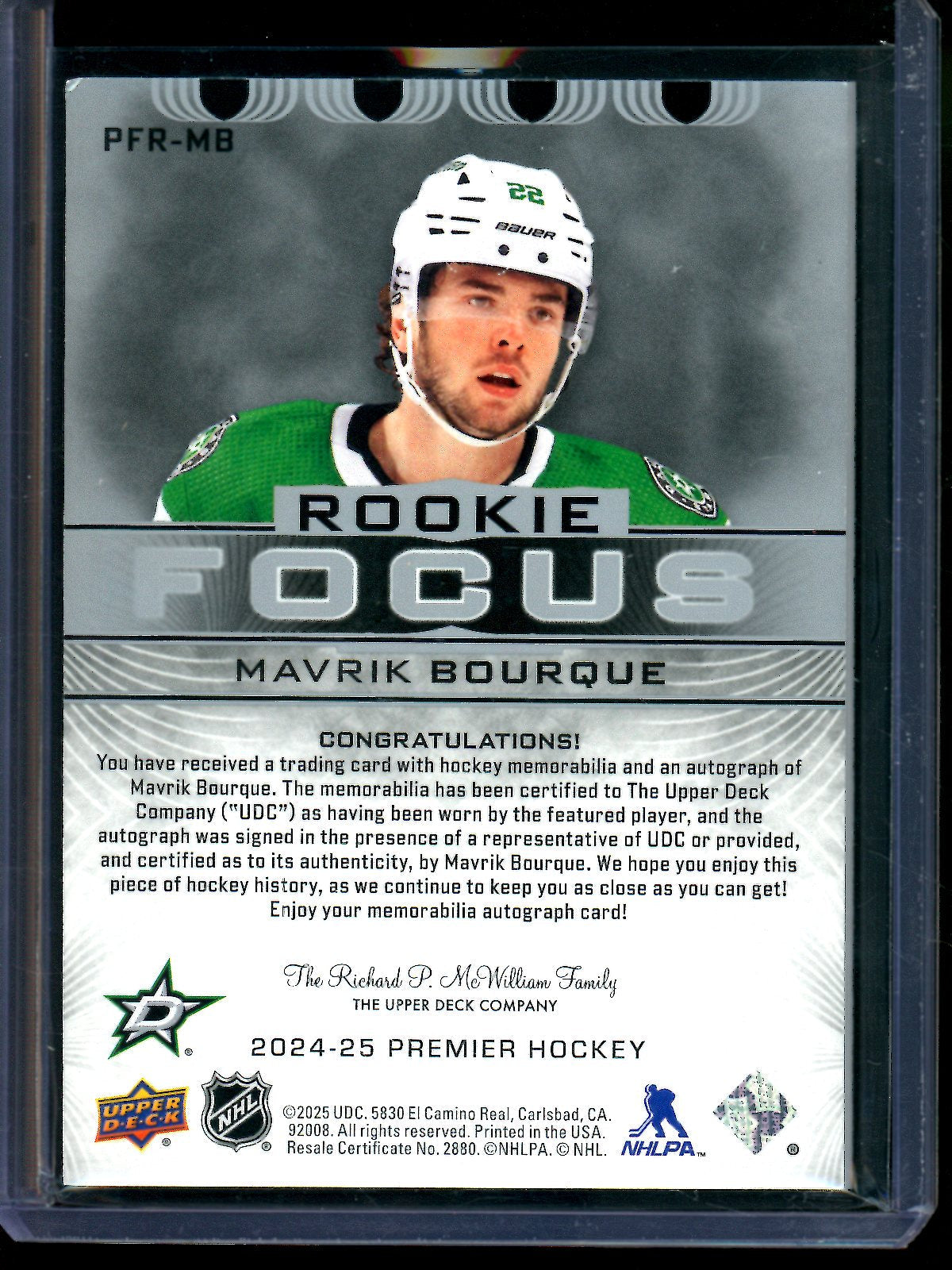 2025 Upper Deck Premier Mavrik Bourque Rookie Focus Autograph Patch /99 Stars
