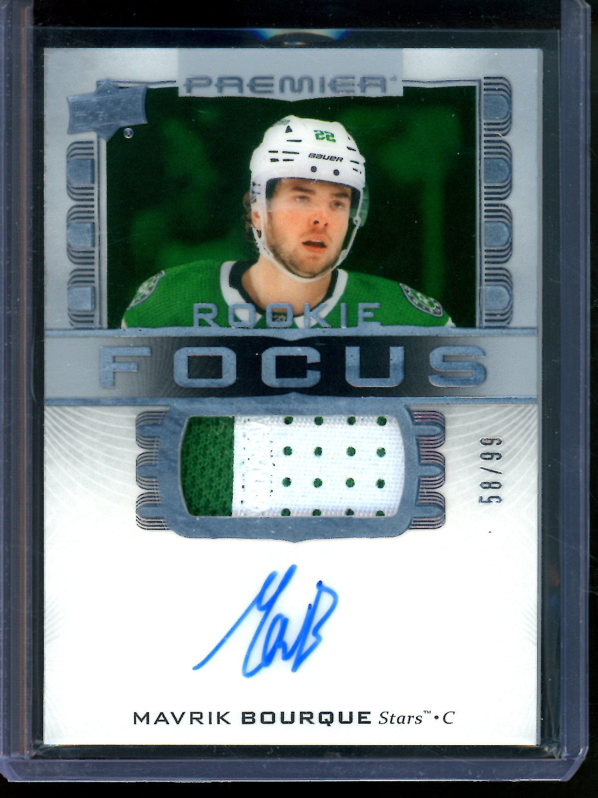 2025 Upper Deck Premier Mavrik Bourque Rookie Focus Autograph Patch /99 Stars