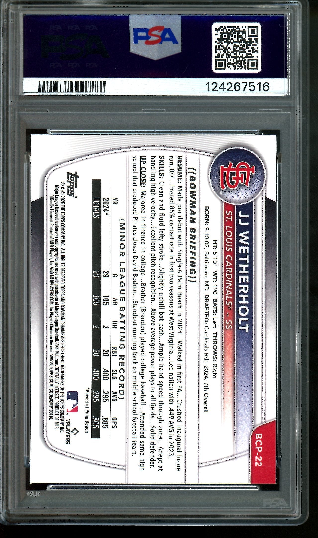 2025 Bowman Chrome JJ Wetherholt 1st Reptilian PSA 10 Cardinals