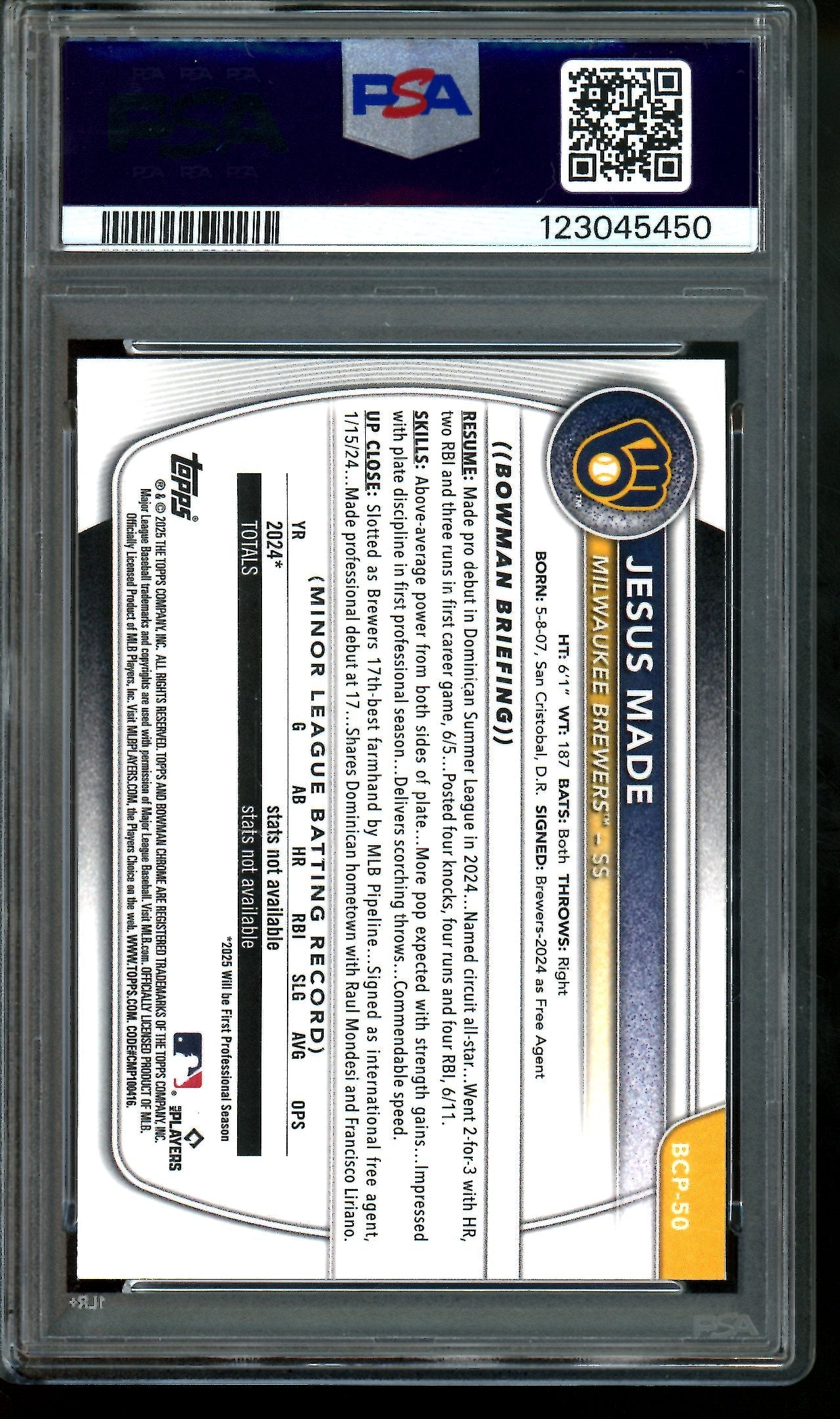 2025 Bowman Chrome Jesus Made 1st Reptilian PSA 10 Brewers
