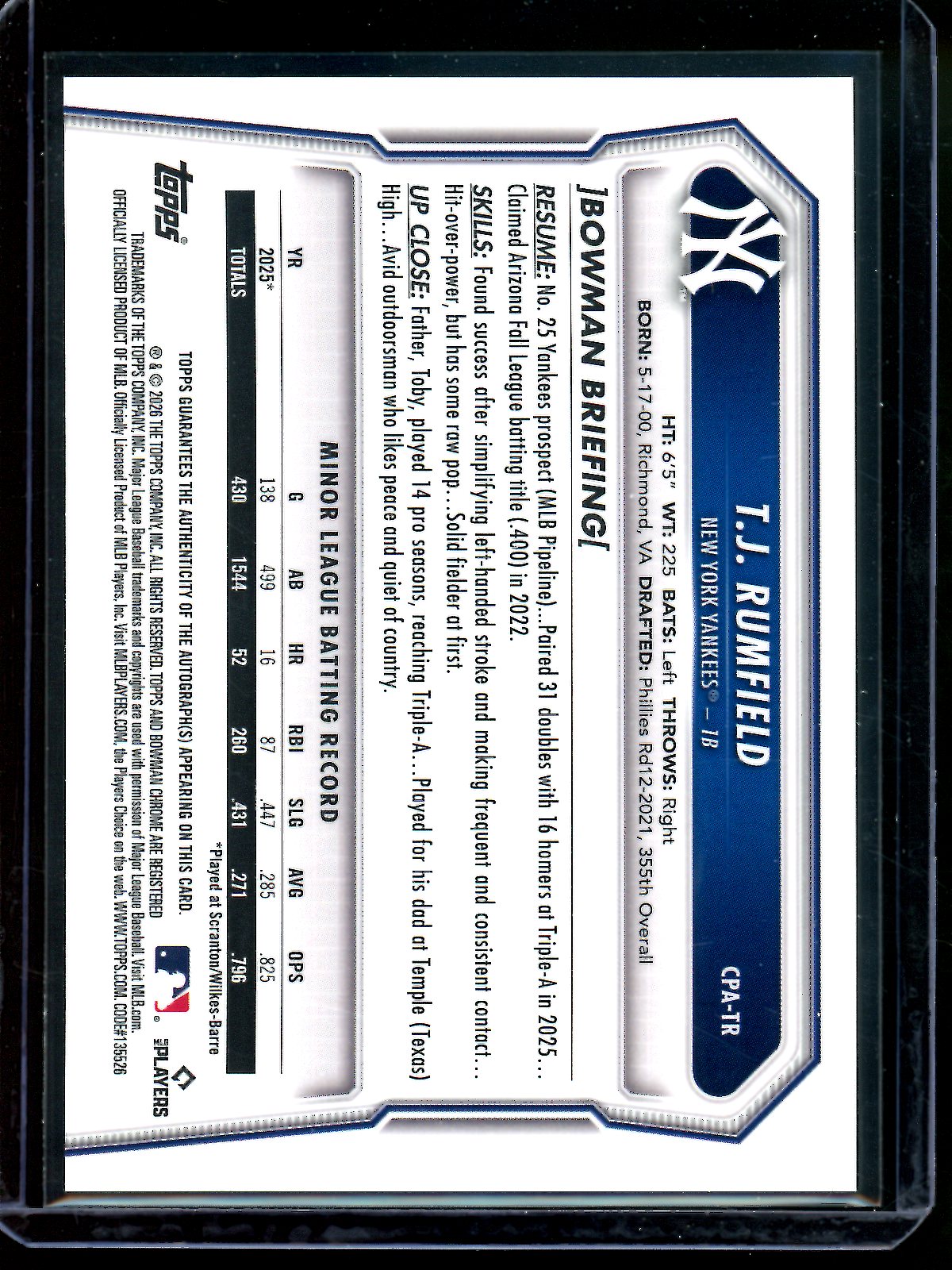 2026 Bowman Chrome T.J. Rumfield 1st Purple Autograph /250 Yankees