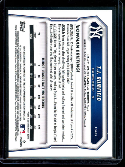 2026 Bowman Chrome T.J. Rumfield 1st Purple Autograph /250 Yankees
