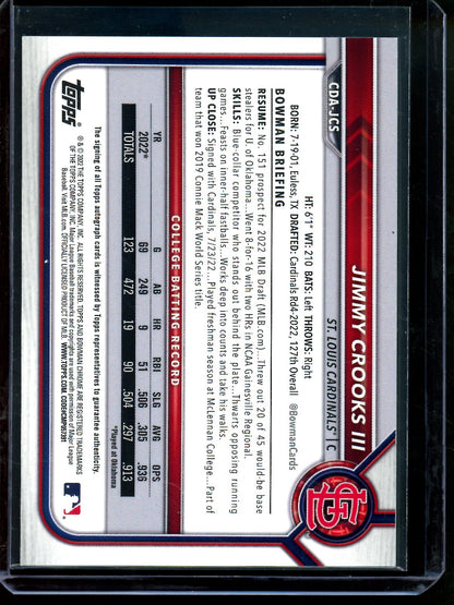 2022 Bowman Chrome Jimmy Crooks III 1st Aqua Lava Refractor Autograph /199 Cardinals