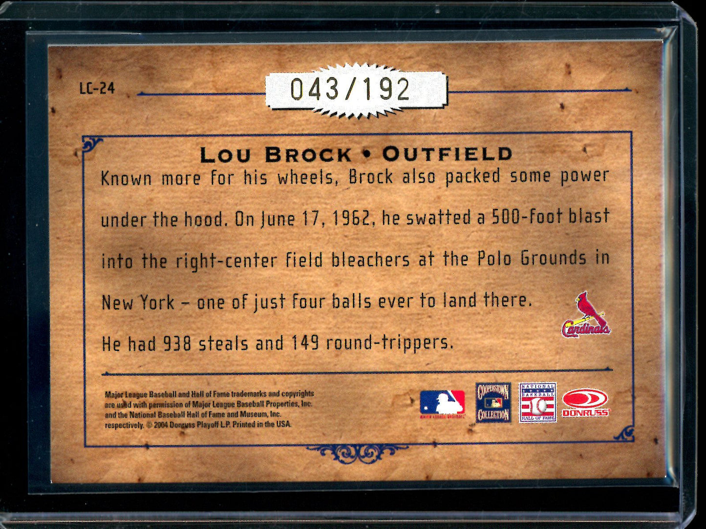 2004 Panini Leather Lumber Donruss Lou Brock Leather Cuts Autograph /192 Cardinals