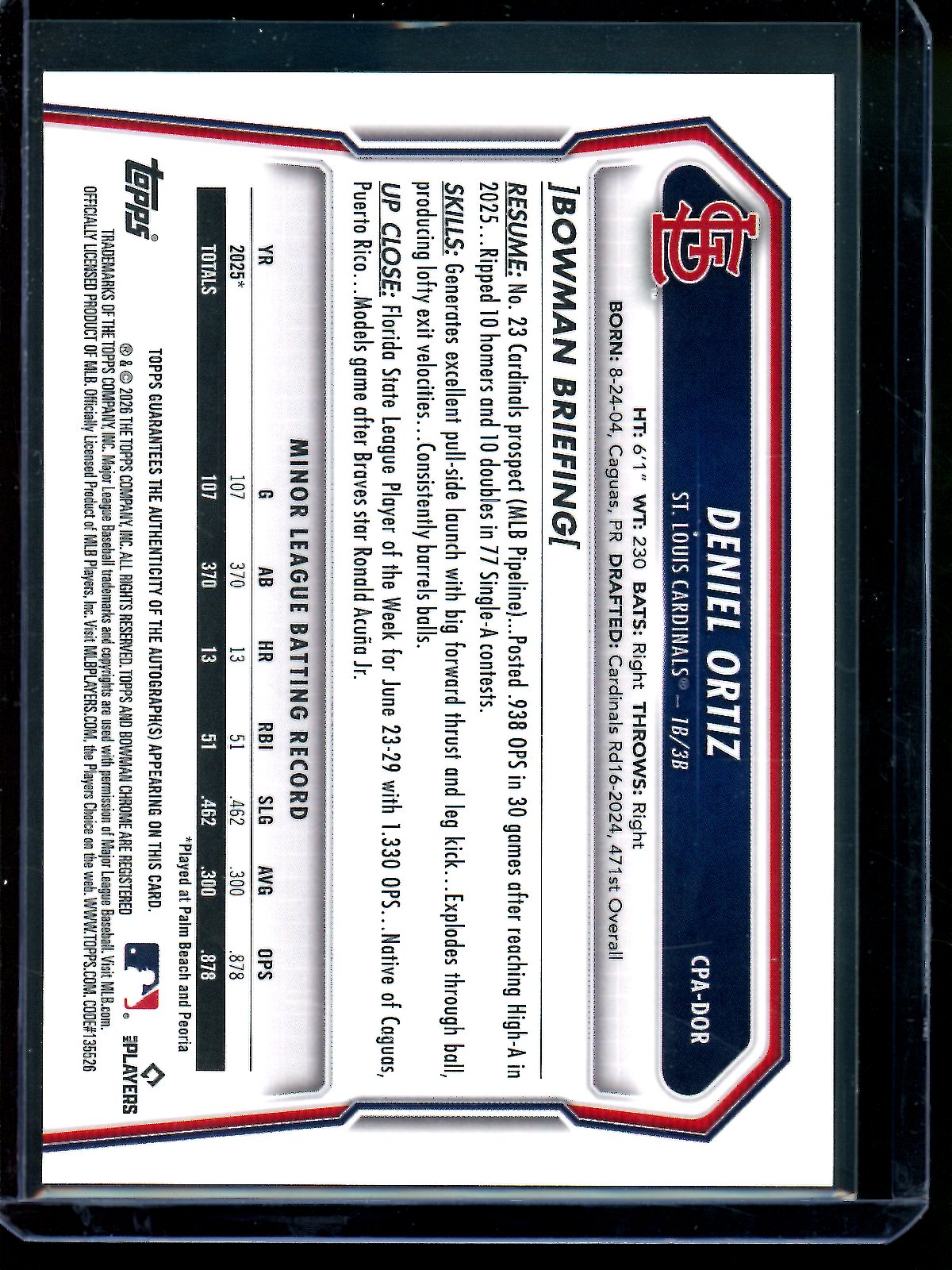2026 Bowman Chrome Deniel Ortiz 1st Autograph Cardinals