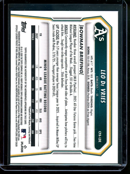 2026 Bowman Chrome Leo De Vries Aqua Autograph /125 Athletics