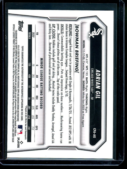 2026 Bowman Chrome Adrian Gil 1st Gold Lava Autograph /50 White Sox
