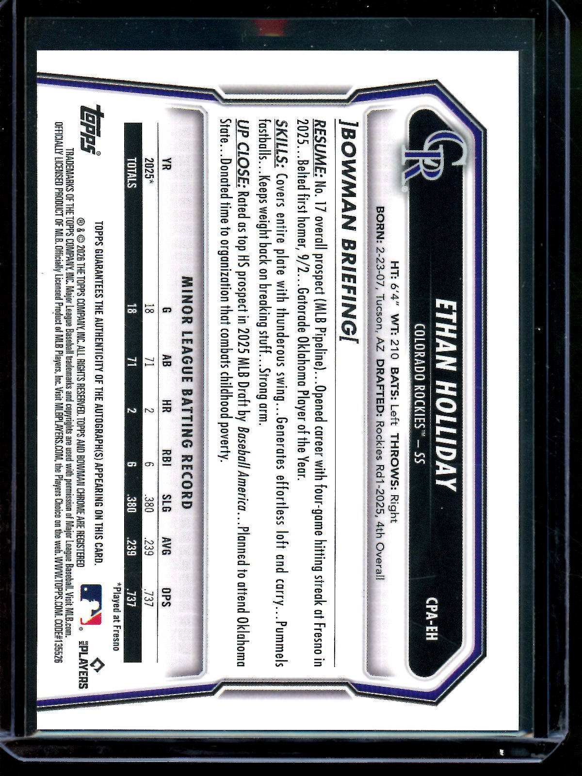 2026 Bowman Chrome Ethan Holliday Blue Refractor 1st Autograph /150 Rockies