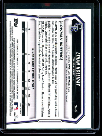 2026 Bowman Chrome Ethan Holliday Blue Refractor 1st Autograph /150 Rockies