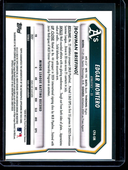 2026 Bowman Chrome Edgar Montero 1st Mojo Autograph /150 Athletics