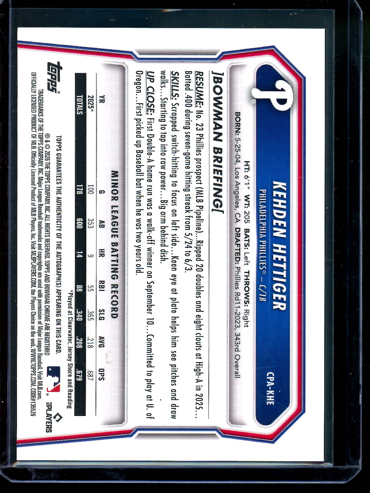 2026 Bowman Chrome Kehden Hettiger 1st Lava Autograph Gold /50 Phillies