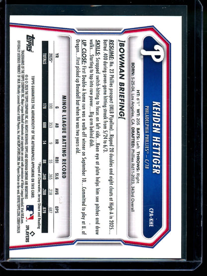 2026 Bowman Chrome Kehden Hettiger 1st Lava Autograph Gold /50 Phillies
