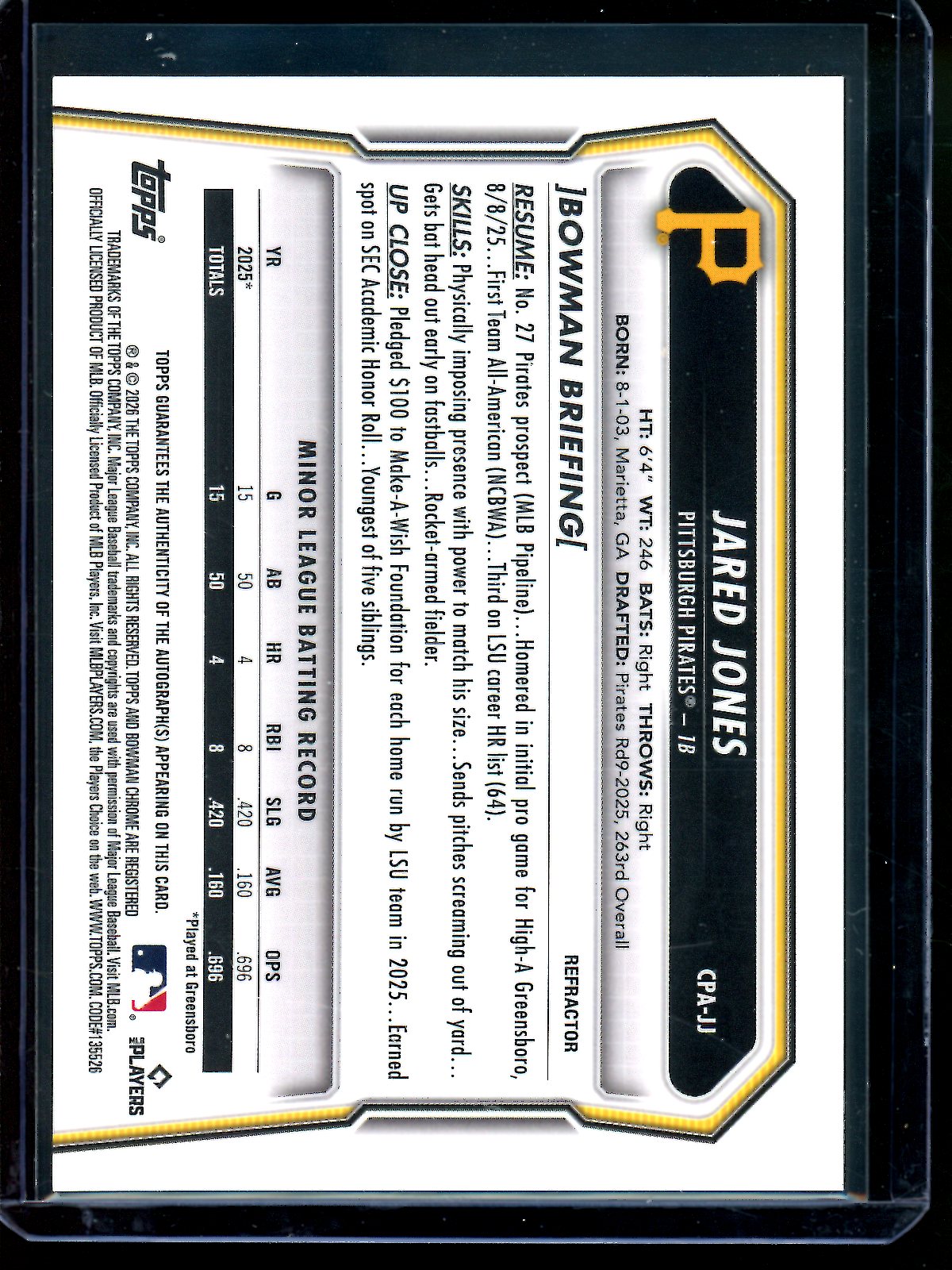 2026 Bowman Chrome Jared Jones 1st Refractor Autograph /499 Pirates