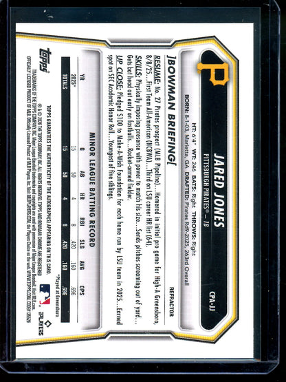 2026 Bowman Chrome Jared Jones 1st Refractor Autograph /499 Pirates
