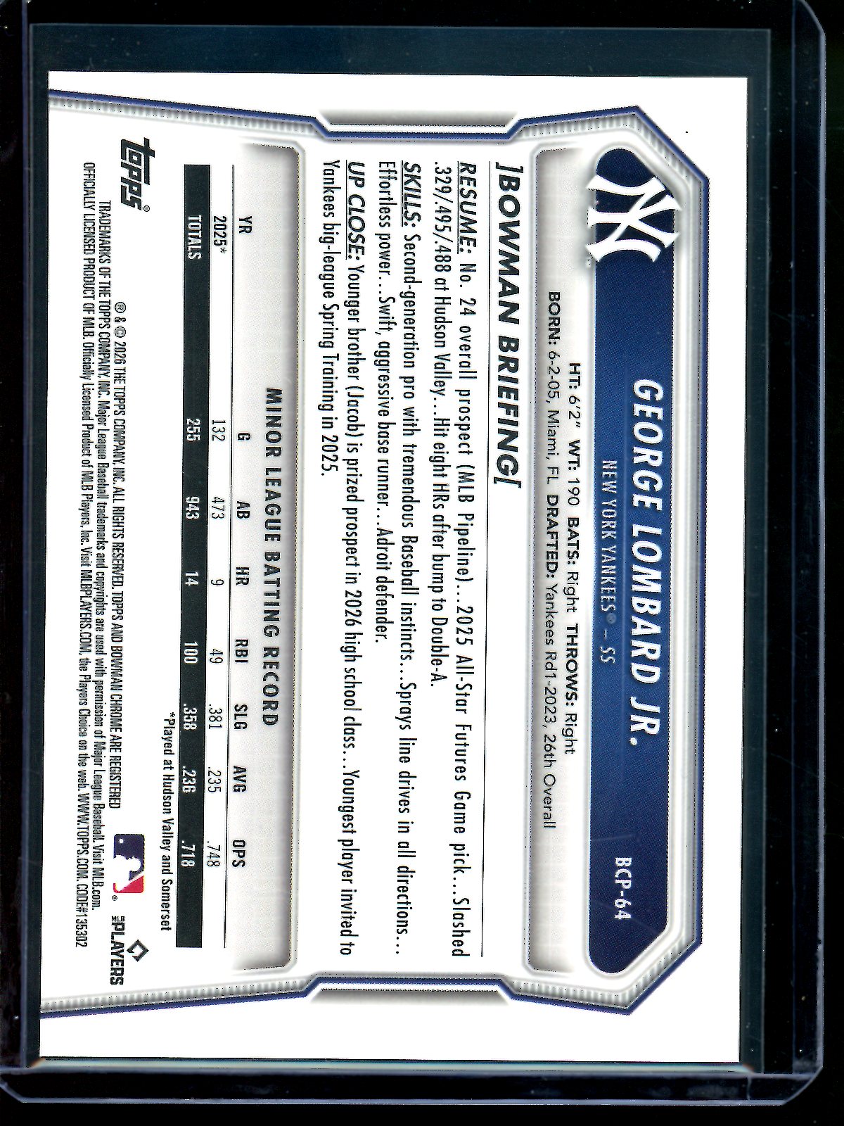 2026 Bowman Chrome George Lombard Jr Gold Geometric Refractor /50 Yankees