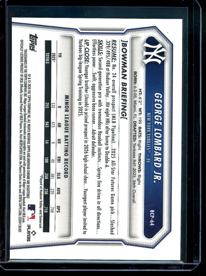 2026 Bowman Chrome George Lombard Jr Gold Geometric Refractor /50 Yankees