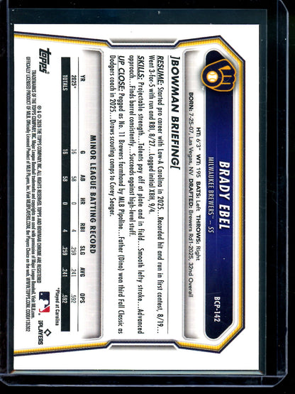 2026 Bowman Chrome Brady Ebel Orange Geometric Refractor /25 Brewers