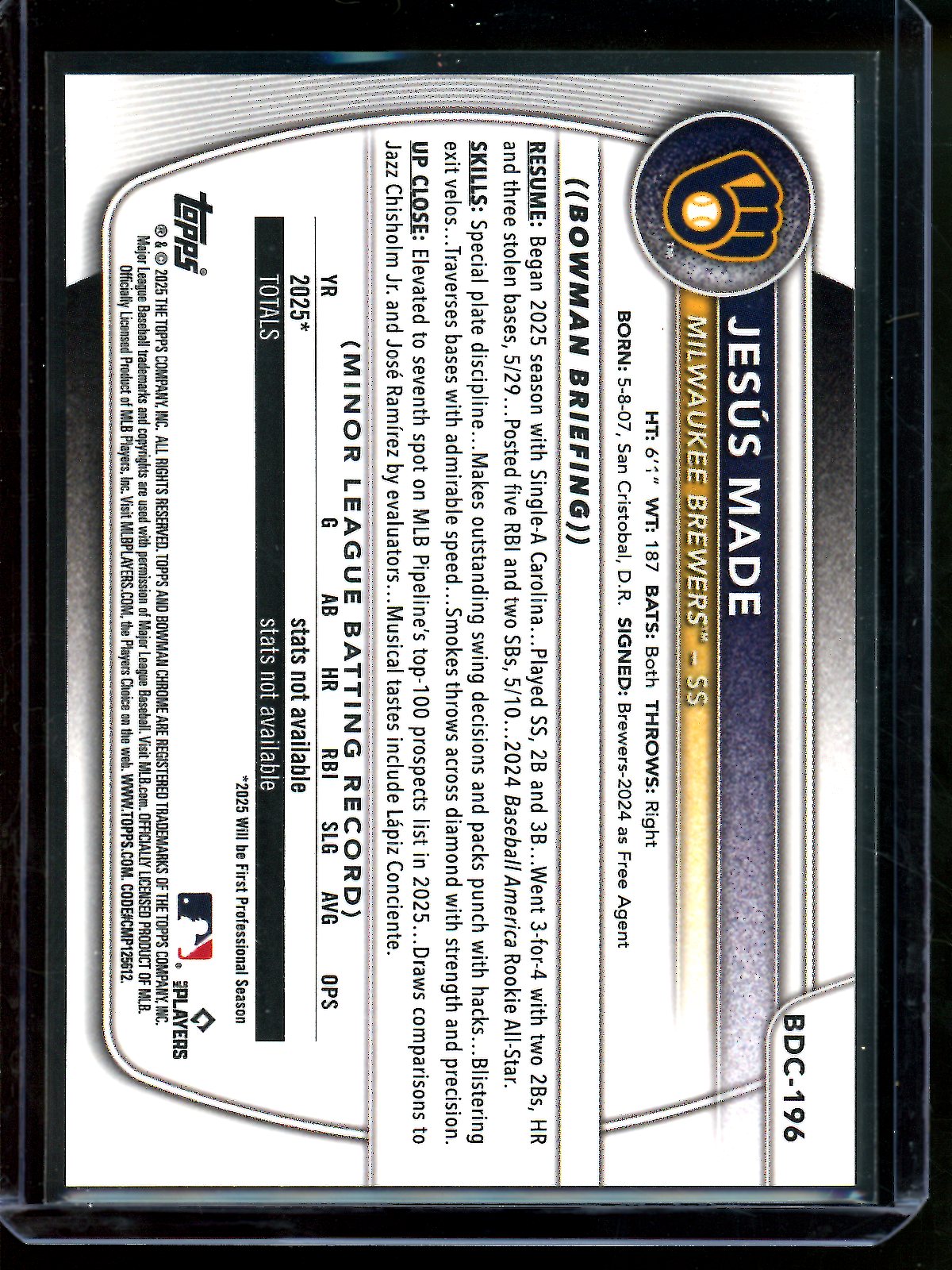 2025 Bowman Sapphire Jesus Made Gold Sapphire /50 Brewers
