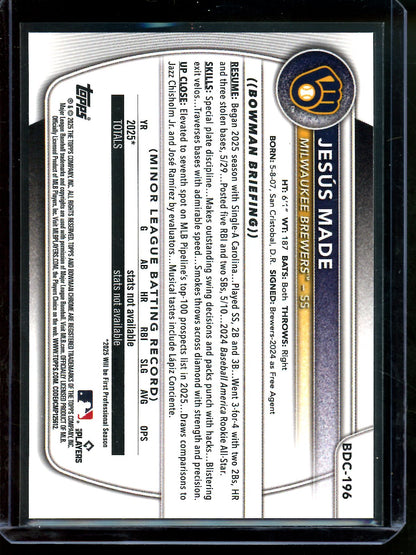 2025 Bowman Sapphire Jesus Made Gold Sapphire /50 Brewers