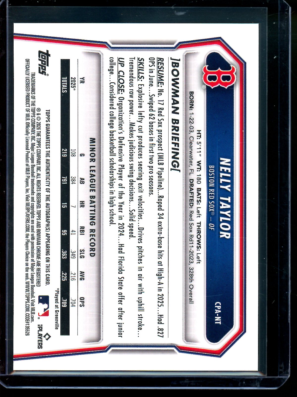 2026 Bowman Chrome Nelly Taylor 1st Autograph Red Sox