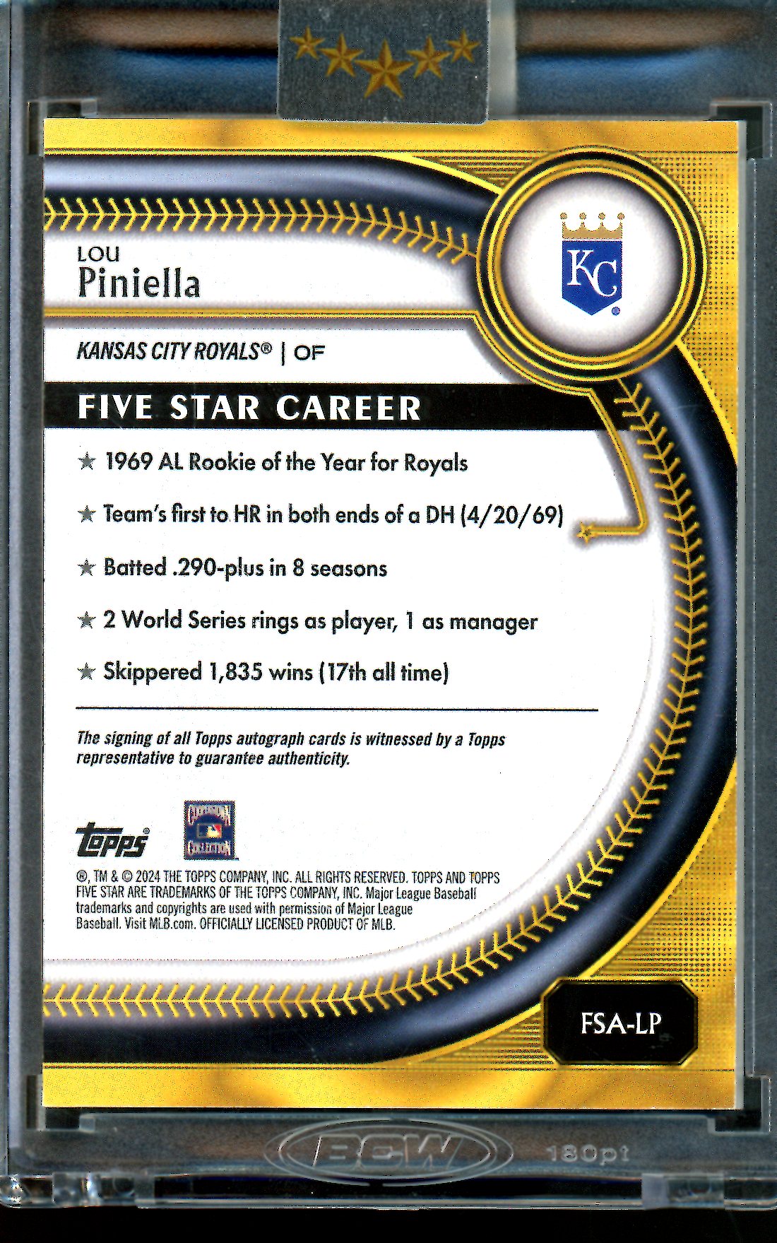 2025 Topps Five Star Lou Piniella Aqua Encased Autograph /75 Royals