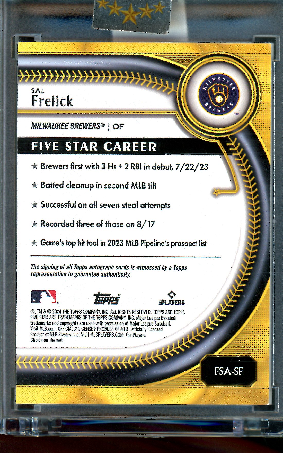 2025 Topps Five Star Sal Frelick Aqua Autograph /75 Brewers