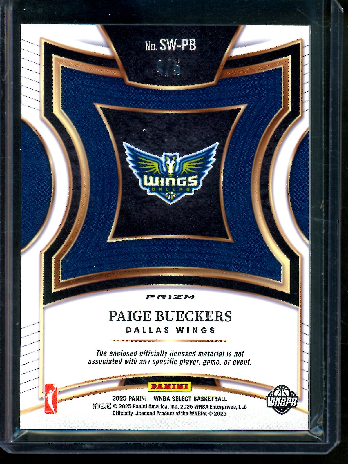 2025 Panini Select Paige Bueckers Selective Swatches Rookie Patch /5 Wings