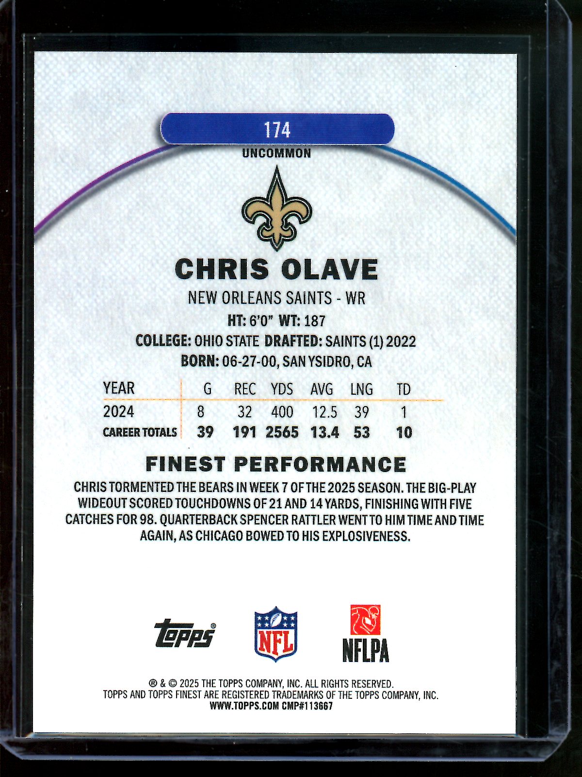 2025 Topps Finest Chris Olave Black /15 Saints